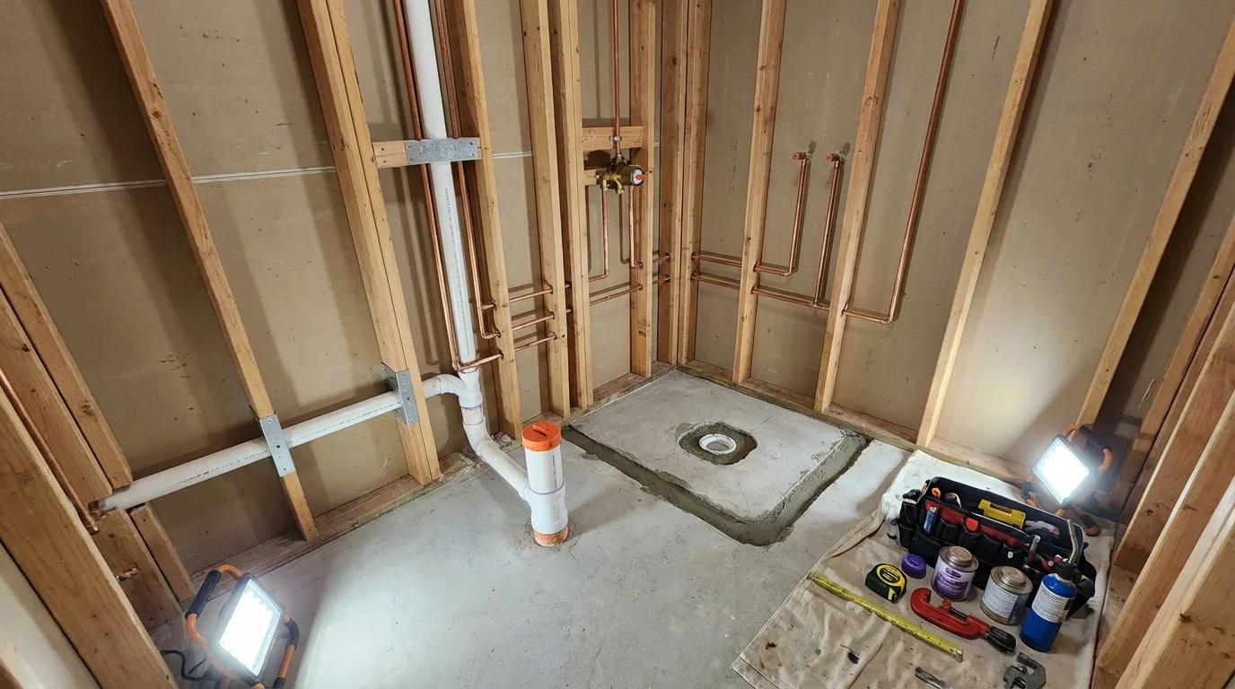 Bathroom rough-in plumbing during remodel by Johns Plumbing LLC in Westwood