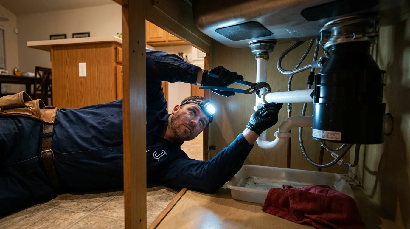 P-trap and supply line connections under a kitchen sink showing a common leak point in Westwood, CA